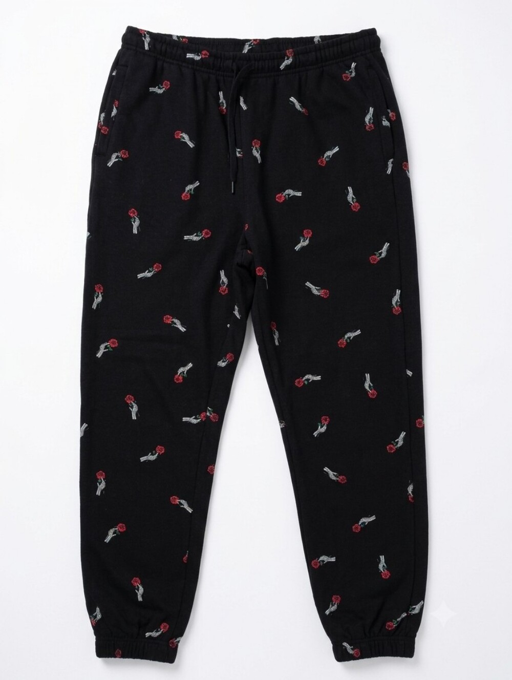 NWOT Love Peace Energy Black Jogger Pants with Skeleton Red Rose Motif LARGE